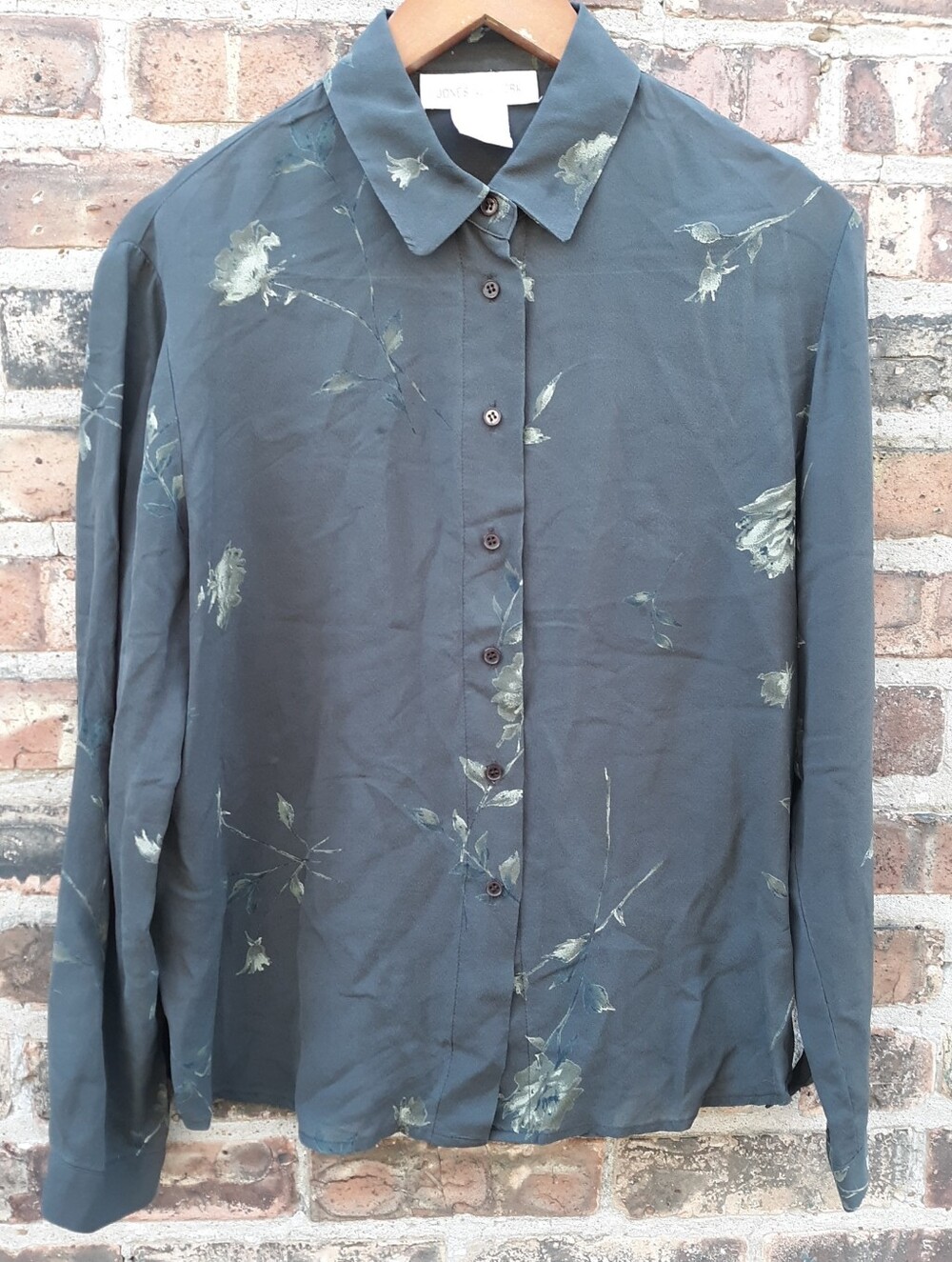 Jones New York Silk Blouse Womens 12 Dark Grey Green Floral Shirt Long Sleeve